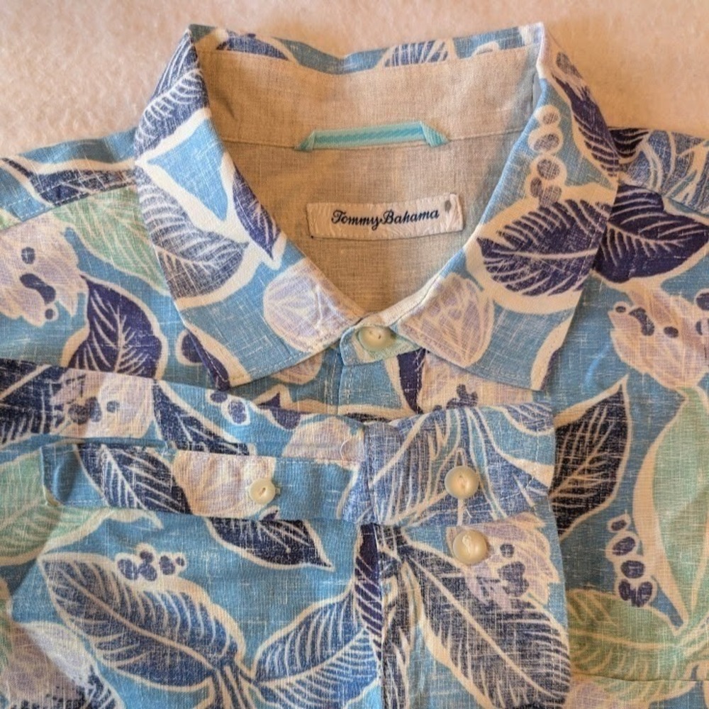 Tommy Bahama Linen Shirt Mens Large Blue Aqua‎ Tropical Floral Long Sleeve